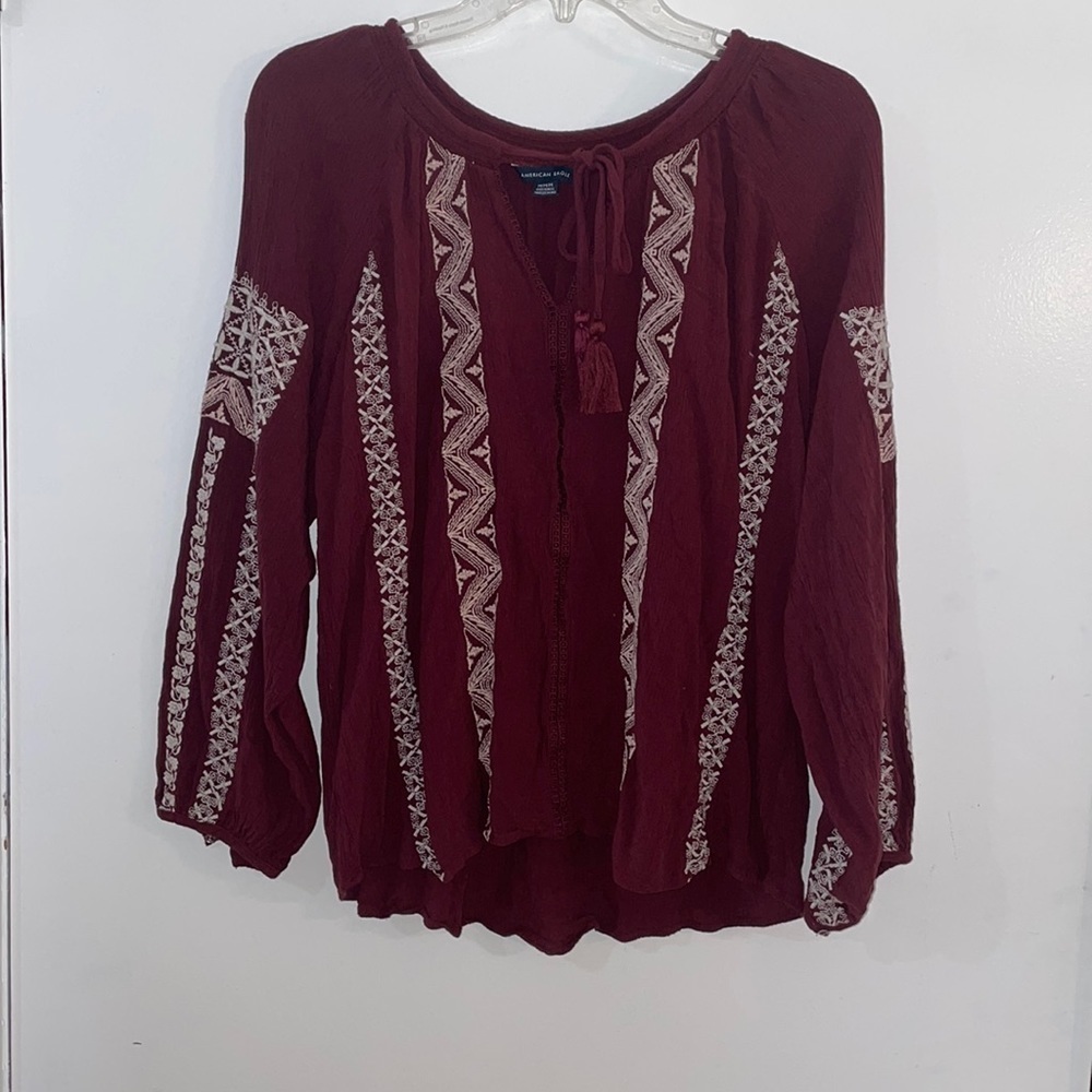 American Eagle Medium Maroon Plum
Burgundy Boho Top Tribal Embroidery
Tassels